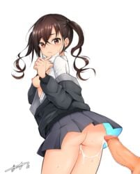 after_sex ass bangs black_jacket black_skirt bloody0rabby blush breasts brown_eyes brown_hair censored closed_mouth collared_shirt cum cum_in_pussy cum_inside cum_string cumdrip dress_shirt ejaculation eyebrows_visible_through_hair female hair_between_eyes highres idolmaster idolmaster_cinderella_girls jacket long_hair long_sleeves looking_at_viewer looking_back mask_pull medium_breasts mole mole_under_eye mosaic_censoring nipples off_shoulder open_clothes open_shirt penis shirt sideboob signature skirt skirt_lift solo_focus sunazuka_akira surgical_mask sweat tears thighs twintails wavy_mouth white_background white_shirt wind wind_lift