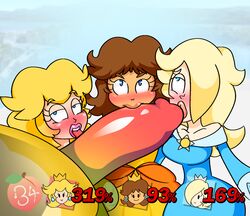 1boy 3girls big_penis blonde_hair blue_eyes bowser brown_hair collaborative_fellatio fellatio huge_cock mario_(series) multiple_girls nintendo oral peachypop34 princess_daisy princess_peach princess_rosalina super_mario_bros. teamwork unseen_male_face