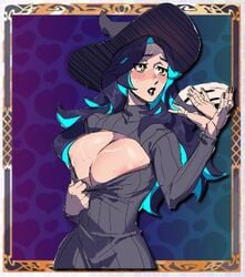 blue_hair blush cleavage con-quest!_poke-con cuddlepitgames female game_cg huge_breasts long_hair multicolored_hair pokemon sweat vanilla virgin_killer_sweater waving witch witch_hat