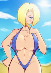 1girls android_18 beach bimbo blonde_hair blue_bikini blue_eyes bob_cut breasts busty cameltoe cleavage dragon_ball dragon_ball_z erect_nipples erect_nipples_under_clothes full_cleavage huge_breasts ice_cream medium_hair milf mitalice navel nipple_bulge nipples_visible_through_clothing popsicle popsicle_melting sea sky sling_bikini sunlight sunny thigh_gap voluptuous