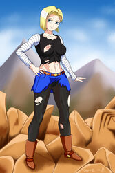 abs android_18 blonde_hair blue_eyes boots bruise casper_(artist) dragon_ball dragon_ball_z navel nipple_bulge nipples panties pantyhose scratches skirt smile tight_clothing torn_clothes