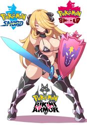 1girls alternate_breast_size alternate_outfit anime_style armor bikini blonde blonde_female blonde_hair blonde_hair_female bra breasts champion cleavage clothed copyright_logo cynthia_(pokemon) eye_contact female grey grey_eyes hair_over_one_eye half-closed_eyes human konno_tohiro logo looking_at_viewer nintendo panties pokemon pokemon_champion pokemon_dppt pokemon_ss shield sword text thick thick_thighs thigh_gap thighhighs thighs underboob wide wide_hips