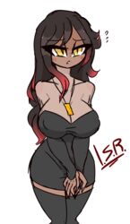 big_penis black_hair blush byternomar clothed clothing dark-skinned_female dark_skin fan_character fanmade female lingerie miss_kobayashi's_dragon_maid nipple_bulge original_character request skimpy skin_tight tagme thick_thighs thighhighs yellow_eyes