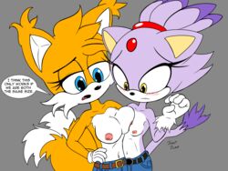 2019 absurd_res anthro asymmetrical_docking big_breasts blaze_the_cat blue_eyes blush breast_size_difference breast_squish breasts canid canine clothed clothing dipstick_tail female fox fur hand_on_hip hi_res jumpjump mammal multi_tail multicolored_fur multicolored_tail navel nipples rule_63 simple_background small_breasts sonic_(series) tails tailsko topless two_tone_fur yellow_eyes