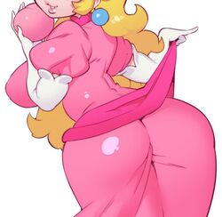 1girls ass ass_up blonde_hair breasts clothed clothing dat_ass dress elbow_gloves female female_only fully_clothed gloves huge_ass huge_breasts human kaeritai07 large_ass long_hair looking_back mario_(series) nintendo peach_(fruit) pink_dress princess_peach simple_background smile solo standing tight_clothing white_background