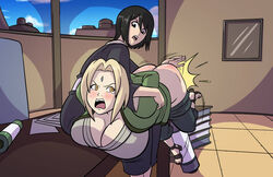 2girls axel-rosered bent_over_table big_butt black_hair blonde_hair breast_press breasts busty butt butt_slap cleavage dark_hair desk feet female female_only forehead_jewel huge_breasts kimono medium_hair multiple_girls naruto pants_down shizune spanking thick_thighs tsunade wide_hips