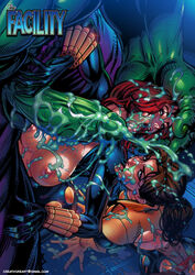 1boy 2girls areolae avengers big_penis black_widow_(marvel) breasts breasts_out brown_hair clothing collaborative_fellatio creativore cum cum_on_body cum_on_breasts cum_on_face cum_on_hair fellatio female green-skinned_male green_skin hulk human kitty_pryde light-skinned_female light_skin male marvel marvel_comics multiple_girls mutant natasha_romanoff nipples penis red_hair shadowcat straight teamwork unseen_male_face x-men