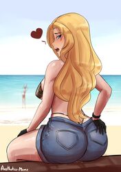 aestheticc-meme back beach big_ass big_breasts bikini_top blonde_hair blue_eyes clothed dat_ass edit female rwby saphron_cotta-arc shorts solo whale_tail