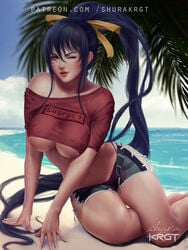 1girls akeno_himejima beach big_breasts breasts cleavage clothed demon erect_nipples female female_only high_school_dxd humanoid indigo_hair large_breasts long_hair looking_at_viewer nipples pink_eyes shurakrgt solo underboob