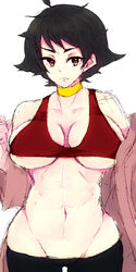 abs ahoge archway_of_venus black_hair bra breasts cameltoe capcom choker cleavage collarbone dougi female female_only frown gluteal_fold highres human large_breasts lowleg lowleg_pants makoto_(street_fighter) navel nopan off_shoulder pants red_bra red_eyes ri_yuka-shi ribbon_choker short_black_hair short_hair solo sports_bra street_fighter street_fighter_iii street_fighter_iii:_3rd_strike street_fighter_iii_(series) street_fighter_iv street_fighter_iv_(series) thigh_gap tomboy underboob underwear undressing wafuku