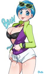 1girls ass big_breasts black_bra blue_eyes blue_hair blush bra breasts bulma_briefs cleavage clothed dragon_ball dragon_ball_super eyelashes female female_only human lightsource lipstick looking_at_viewer midriff milf mother necklace pink_lipstick shirt short_hair short_shorts shorts solo sound_effects standing sunglasses teasing text tongue tongue_out watch watermark white_background wide_hips zipper