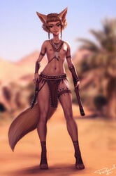 1girls animal_ears animal_humanoid animal_tail areolae blonde_hair blowgun braid breasts brown_eyes brown_hair casual_nudity clothing female female_only flat_chest fringe khiara_(personalami) nipples original original_character personalami petite small_breasts small_fringe solo tail teenager topless tribal