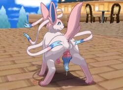 1boy 2016 3d_background 4_toes animal_genitalia anus ass back big_ears blue_eyes blue_fur blue_nose blue_skin canine chair clouds cum day dipstick_penis edit edited eeveelution erection eyelashes feet femboy feral fur girly goombafan333 leg_up long_ears looking_at_viewer looking_back male male_only mammal multicolored_penis nakoo nintendo nude outdoors outside pawpads paws penis pink_fur pink_skin pokémon_(species) pokemon pokemon_xy precum presenting presenting_hindquarters ribbons screenshot sky smile solo spread_ass spread_butt spreading sylveon table tail testicles text tree video_games watermark white_balls white_fur