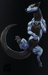 alien anthro anus arkkin ass biceps black_nose black_skin blue_skin claws cosmiclife dark_theme dragon drake_(disambiguation) feet female feral flat_chested hybrid lying muscular on_back pawpads paws pinup pose pussy scalie semi-anthro solo yellow_eyes