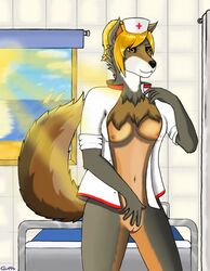 2019 anthro beach bed blonde_hair breasts canid canine canis clothed clothing doctor female fluffy fluffy_tail fur guffs hair invalid_tag looking_at_viewer mammal nipples nude pussy sea seaside sky smile solo sun water white_fur wolf