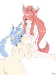 2girls blue_eyes blue_hair brown_hair crossover crunnix doki_doki_literature_club earth-chan female female_only green_eyes kitsune looking_at_viewer monika_(doki_doki_literature_club) multiple_girls neko nekomimi yuri