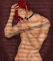 1boy annoying_watermark censored choker cigarette iori_yagami king_of_fighters male_only naked nipples nyannikoru purple_flame_(noun) red_eyes red_hair signature simple_background snk solo_male watermark