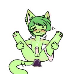 1boy anthro blush closed_eyes cum cumshot dildo dildo_sitting ear_piercing ejaculation feline furry furry_ass furry_ears furry_only green_fur green_hair legs_up male male_only masturbation panties panties_around_leg piercing piercings ruuowo short_hair solo white_background yaoi