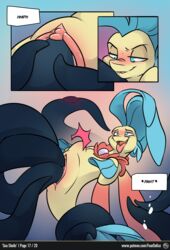 ambiguous_species bite blush comic consensual_tentacles dialogue feardakez female my_little_pony princess_skystar_(mlp) stomach_bulge tagme tentacle underwater