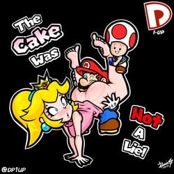 1girls 2boys anilingus ass black_background blonde_hair blush bottomless clothing dat_ass dp1up dress english_text female full_body huge_ass male mario mario_(series) multiple_boys nintendo oral_sex ponytail princess_peach rimming simple_background super_mario_bros. surprised text tied_hair toad_(mario)