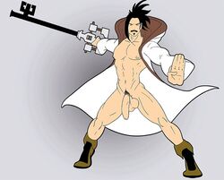 1boy abs balls bara big_pecs big_penis black_hair boots bottomless casual facial_hair flaccid flaccid_penis footwear grey_background hanging_balls hanging_penis holding_object human human_only keyblade kingdom_hearts kingdom_hearts_birth_by_sleep light-skinned_male light_skin male male_focus male_nipples male_only master_eraqus moustache muscles muscular muscular_male muscular_thighs mustache nipples open_robe outerwear pecs pectorals penis penis_out pubic_hair robe solo solo_focus solo_male standing tied_hair topwear weapon white_robe
