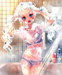 1girls 2018 bathroom blue_eyes blush body_writing bra breasts bubble clothing detailed_background dripping female glistening hair hair_pull heart-shaped_pupils inside long looking_at_viewer open_mouth original panties shampoodoll shirt shower showering soap_bubbles solo solo_female thigh_gap towel twintails underass underwear water wet wet_clothes wet_hair wet_shirt