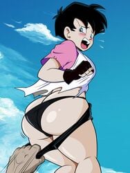 1girls absurdres adult_swim ass assisted_exposure big_ass big_butt blush breasts bubble_butt curvy disembodied_hand dragon_ball dragon_ball_z embarrassed_underwear_female euf exposed exposed_ass exposed_panties female grimphantom highres huge_ass large_breasts open_mouth panties shorts_pull solo_focus toonami videl