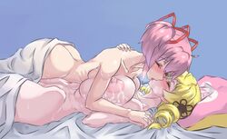 2girls ass ass_cleavage bed blush breast_press breasts butt_crack erect_nipples evuoaniramu french_kiss huge_breasts kissing lactation lying madoka_kaname mahou_shoujo_madoka_magica milk mizuumi_(bb) multiple_girls nipples nude ribbon saliva sweat tomoe_mami tongue yuri