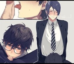 2boys atlus black_hair blue_hair blush color erection fellatio gay glasses male male_focus male_only megami_tensei morimiya_(kuroro) multiple_boys oral penis persona persona_5 ren_amamiya school_uniform shin_megami_tensei short_hair sitting sucking suit sweat tagme tongue yaoi yusuke_kitagawa