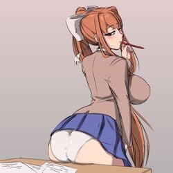 1girls ass ass_on_table big_breasts blush blushing breasts brown_hair clothed clothed_female desk doki_doki_literature_club female female_only heart_pen hourglass_figure kaxiota long_hair looking_at_viewer looking_back monika_(doki_doki_literature_club) panties pen ponytail ribbon school_uniform simple_background skirt skirt_up solo tagme thick_thighs uniform white_panties white_ribbon