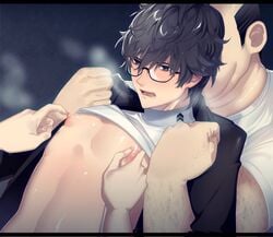 3boys atlus black_hair blush color gay glasses imminent_rape lifting male male_focus male_only megami_tensei morimiya_(kuroro) multiple_boys nipples persona persona_5 puffy_nipples ren_amamiya restrained shin_megami_tensei shirt_lift short_hair solo_focus tagme undressing yaoi