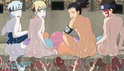 6+boys ass black_hair cum cum_on_ass erection headband male male_focus male_only masturbation mitsuki_(naruto) multiple_boys nara_shikadai naruto naruto_(series) onoro_nyo outdoors penis public shinki_(boruto) silver_hair smile yamanaka_inojin yaoi