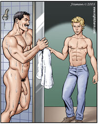 2boys age_difference ass balls black_hair blonde_hair erection_under_clothes father_and_son feet flaccid foreskin hairy incest josman male_focus multiple_boys multiple_penises muscular muscular_male naked partial_male penis pubic_hair shirtless shower size_difference towel uncircumcised water_drop wet