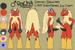 1boy 2019 alternate_color anthro avian backsack balls blaziken erection flower hair knot long_hair male male_blaziken male_only male_pokemon model_sheet nintendo original_character otterjunk penis plant pokemon pokemon_(species) racha_(otterjunk) solo solo_male video_games