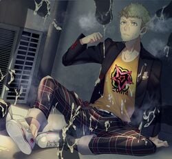 6+boys background blonde_hair bukkake censored color cum cum_on_body disembodied_penis fear full_body gay humiliation male male_focus male_only morimiya_(kuroro) multiple_boys penis persona persona_5 ryuji_sakamoto school school_uniform shoes short_hair sitting solo_focus steam yaoi