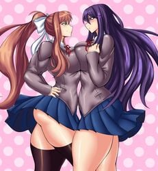 2girls big_breasts doki_doki_literature_club female_only high_thighs kailyn kreativekailyn large_breasts lesbians long_hair monika_(doki_doki_literature_club) school_uniform shiny_thighhighs two_girls yuri yuri_(doki_doki_literature_club)