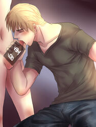 2boys axis_powers_hetalia blonde_hair blowjob blue_eyes clothed fellatio gay germany_(hetalia) ludwig_weillschmidt male_focus male_only multiple_boys oral penis_grab sitting tame undressing yaoi