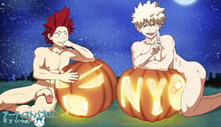 2boys abs barefoot blonde_hair colored cum eijirou_kirishima erection flaccid fucking_pumpkin halloween human joke katsuki_bakugou knife male male_focus male_only multiple_boys my_hero_academia night nude onoro_nyo open_mouth outdoors penis precum presenting public public_nudity pumpkin red_hair sitting smile soft_penis text tongue watermark