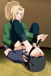 aged_down barefoot black_hair blonde_hair clothes clothing deviantart feet feet_on_face female femdom fetish foot_fetish foot_focus foot_on_head foot_worship human lipstick male nail_polish naruto naruto_shippuden ninja orange_eyes pussy tied_hair toes torn_clothes tsunade uchiha_itachi vagina young_tsunade