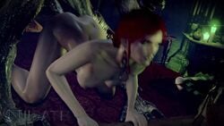 1boy 1girls 1monster 3d all_fours animated areolae ass breasts cd_projekt_red doggy_style fleder handjob masturbation monster niisath nipples no_sound on_bed penis red_hair stomach_bulge the_witcher the_witcher_(series) the_witcher_2 the_witcher_3:_wild_hunt triss_merigold vampire video yellow_eyes