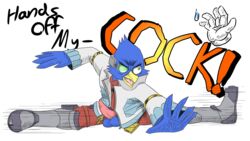 2019 angry animal_genitalia animal_penis anthro avian balls beak bird blue_feathers clothed clothing dialogue english_text erection falco_lombardi feathered_wings feathers gloves green_eyes hi_res humor male male_only meme nintendo open_mouth penis simple_background smeargle20 solo split star_fox super_smash_bros. text tongue video_games wings yellow_beak