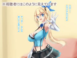 bare_shoulders blonde_hair blue_eyes breasts cleavage elbow_gloves eyebrows_visible_through_hair female gloves hair_ornament large_breasts long_hair looking_at_viewer midriff mirai_akari mirai_akari_project mitsuru_(madeinore) open_mouth pleated_skirt side_ponytail simple_background skirt sleeveless smile solo text_focus tongue translation_request virtual_youtuber white_gloves yellow_background