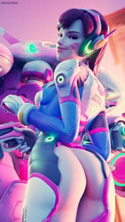 1girls 3d adapted_costume ass blizzard_entertainment bodysuit breasts brown_eyes brown_hair butt d.va daintydjinn female female_only gloves gun headset meka overwatch solo whisker_markings