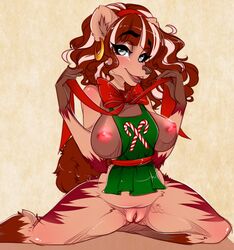 apron big_breasts breasts canid canine canis christmas clothing domestic_dog ear_piercing ear_ring female hair holidays huge_breasts mammal pacevanrign piercing