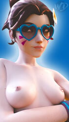 1girls 3d alternate_costume areolae beach breasts d.va female female_only flower_in_hair overwatch solo sunglasses waveracer_d.va wunder