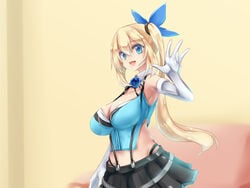 bare_shoulders blonde_hair blue_eyes breasts cleavage elbow_gloves eyebrows_visible_through_hair female gloves hair_ornament large_breasts long_hair looking_at_viewer midriff mirai_akari mirai_akari_project mitsuru_(madeinore) open_mouth pleated_skirt side_ponytail simple_background skirt sleeveless smile solo tongue virtual_youtuber white_gloves yellow_background