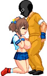 1boy 1girls alpha_channel animated big_breasts bouncing_breasts breasts clothed_paizuri cum ejaculation ejaculation_between_breasts fullflap huge_breasts inma_no_ken nipples outercourse paizuri penis pixel_art transparent_background