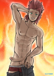 1boy abs axel brown_hair erection green_eyes kingdom_hearts looking_at_viewer male_only muscles nipples nobody_(kingdom_hearts) penis precum standing suiton sweat underwear