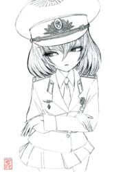 female girls_und_panzer hat highres katyusha military military_hat military_jacket military_uniform monochrome uniform