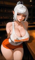 1girls ai_generated arms_behind_back baldur's_gate_3 big_breasts braided_hair elf_female green_eyes hips hooters hooters_uniform indoors looking_at_viewer nipples_visible_through_clothing pointy_ears scar seductive_look seductive_smile shadowheart skindentation solo standing teasing thick_thighs tight_clothing white_hair